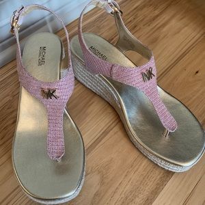 Michael Kors (New with Box) Laney Thong Rose Gold Glitter Wedge Sandals